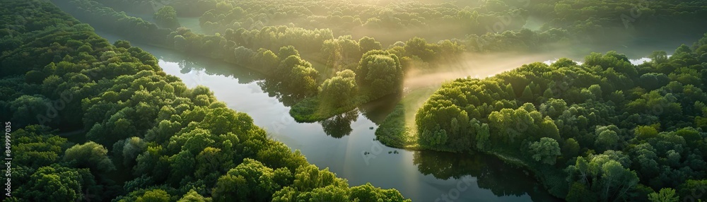 Aufkleber aerial view of a serene river flowing through lush green forest with sunlight filtering through tree