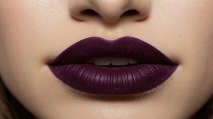 Close up of dark purple mate lipstick on lips opwn mouth  ai generative 