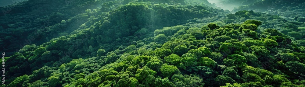 Poster aerial view of lush green mountains covered in dense forest, with sunlight filtering through mist in