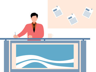 The anchor is writing the news.