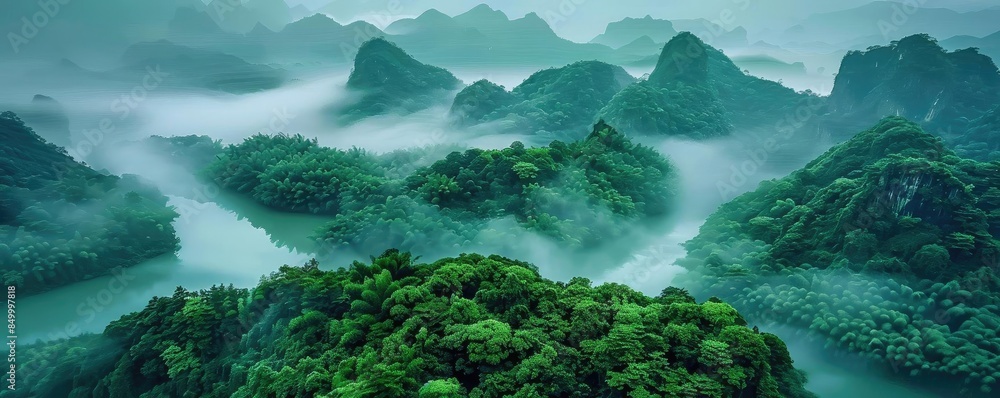 Poster aerial view of a misty mountain landscape with lush green forests and winding rivers, creating a ser