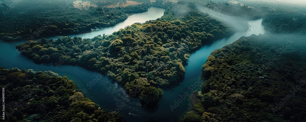 Poster aerial view of a dense forest surrounded by winding rivers, creating a vibrant and serene landscape 