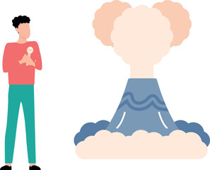 The boy is reporting about the volcano.