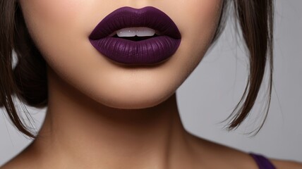 Fototapeta premium Close up of dark purple mate lipstick on lips opwn mouth ai generative 