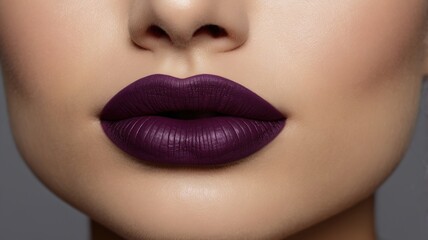 Fototapeta premium Close up of dark purple mate lipstick on lips opwn mouth ai generative 