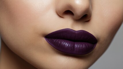Obraz premium Close up of dark purple mate lipstick on lips opwn mouth ai generative 