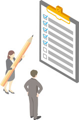 ビジネス　アイソメトリック 　人物　男性　女性　仕事　チェックリスト　鉛筆　イラスト素材
