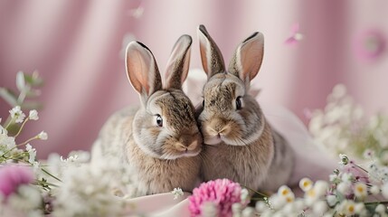 Fototapeta premium Whimsical Rabbit Wedding Scene in Pastel Lavender Garden