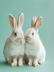 Fototapeta premium Elegant Rabbit Couple Holding Paws on Pastel Green Background