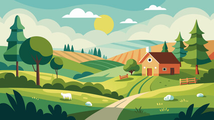 Fototapeta premium A beautiful view of the landscape with a house perched on top of a hill in a tranquil rural setting.