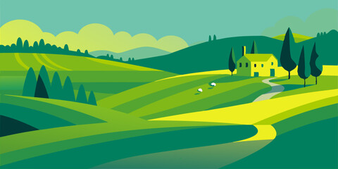 Obraz premium A beautiful view of the landscape with a house perched on top of a hill in a tranquil rural setting.