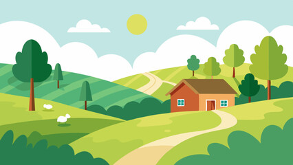 Naklejka premium A beautiful view of the landscape with a house perched on top of a hill in a tranquil rural setting.