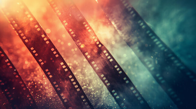 Vintage filmstrip with bokeh lights and copy space text for movie, film, or retro