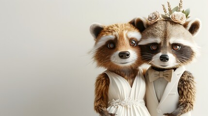 Smiling Bear and Raccoon Couple in Elegant Wedding Attire Posing Tenderly on White Studio Background