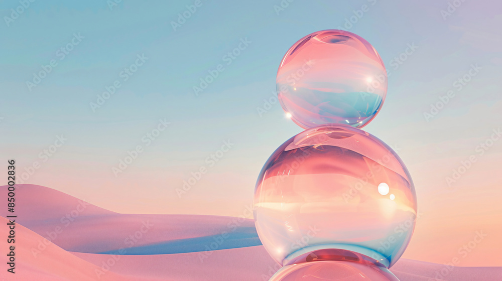 Poster stack of three transparent glass spheres with pink and blue gradient for product display
