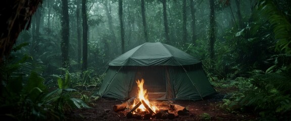 Cozy campfire illuminating a canvas tent during