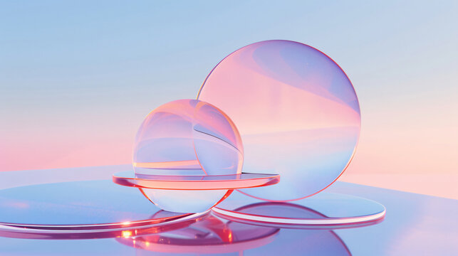Glass spheres and discs with pink and blue gradient for product display or background