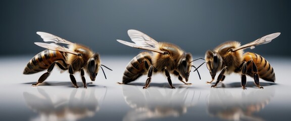 Group of three honeybees different poses isolated