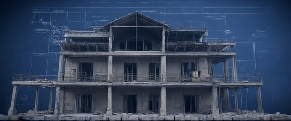 Blueprints overlay unfinished house frame construction site tran