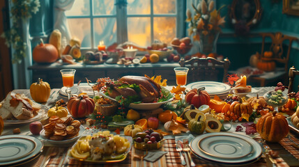 A happy Thanksgiving Day with a table full of delicious food and smiling faces, captured in HD