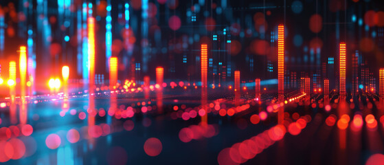 A cityscape with bright lights and a blurry background