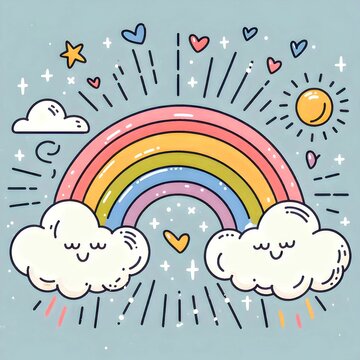 Dibujo de arcoiris con nubes , dibujo de paisajes 