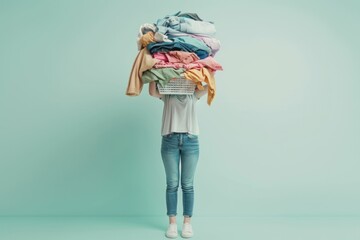 Stressed woman standing in front of pile of clothes on blue background with hands on head