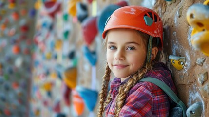 Fototapeta premium Smiling Girl with Helmet at Climbing Wall. Generative ai.