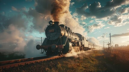 Portrait of a steam train running on the tracks. beautiful rural forest views. an antique old train is transporting passenger cars