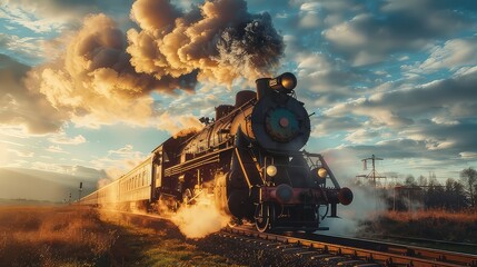 Fototapeta premium Portrait of a steam train running on the tracks. beautiful rural forest views. an antique old train is transporting passenger cars