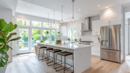 A bright and airy open concept kitchen featuring a central island with bar stools, high-end stainless steel appliances, and large windows allowing natural light to flood the space