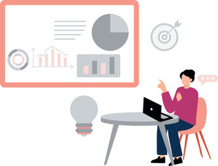 Boy is talking about graphs on laptop.