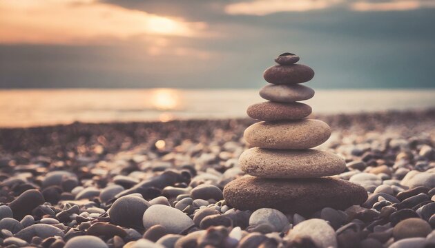 stacked stones on a pebble beach during sunset. Use muted colors and retro textures to evoke a nostalgic feel