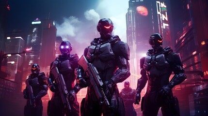 Fototapeta premium Futuristic Military Squad in Armor Poised for Battle in Dystopian Neon-Lit City Ruins