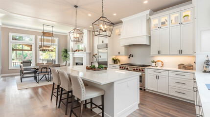 A spacious open concept kitchen with sleek modern appliances, a large island, and elegant cabinetry, seamlessly connecting to the living and dining areas