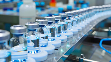 Obraz premium Medical vials on production line, pharmaceutical medicine vaccine manufacturing lab factory