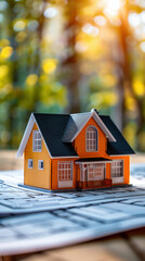 A small model house is sitting on top of a map