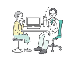 病院で診察を受ける高齢女性と話をする医師の全身イラスト