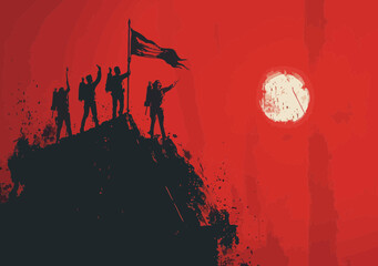 Business Team Celebrating Success on Mountain Peak at Sunrise, Illustrative Concept of Achievement and Support, Red Background Vector Art