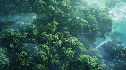 Obraz premium Aerial view of lush green rainforest bordering the ocean, showcasing the dense tropical foliage and misty atmosphere.
