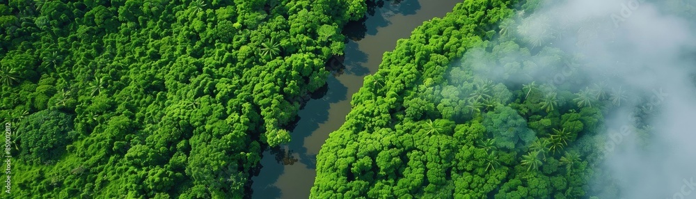 Poster aerial view of lush green rainforest with winding river and misty clouds, showcasing the pristine na