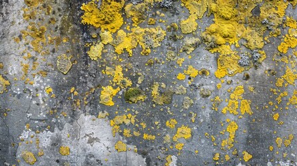 Mossy yellow patch on gray concrete Textured cement stone Aged and grimy exterior wall Abstract natural backdrop