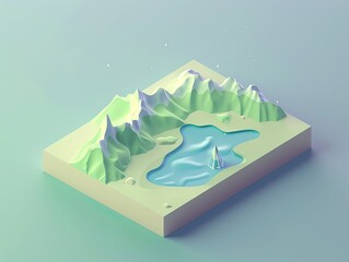 Abstract 3D miniature landscape featuring mountains and a lake, showcasing a stylized and minimalistic natural scene.