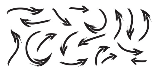Set of black hand drawn grunge doodle spiral and curved charcoal, chalk arrows on white background. Scribble symbols of direction pointers, swirl arrow elements for infographic design in eps 10.
