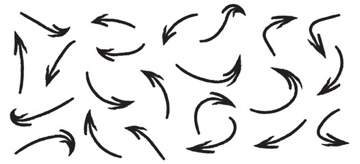 Set of black hand drawn grunge doodle spiral and curved charcoal, chalk arrows on white background. Scribble symbols of direction pointers, swirl arrow elements for infographic design in eps 10.