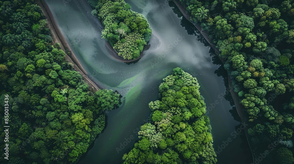 Poster aerial view of a lush green forest with winding rivers creating a serene and breathtaking natural la