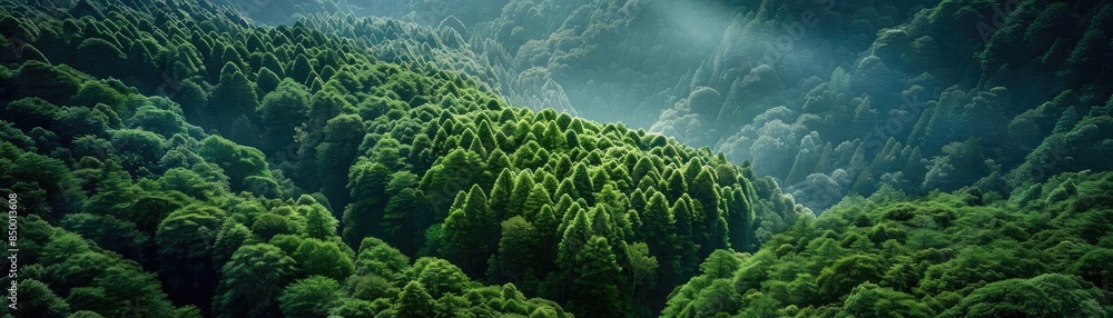 Poster lush green forest landscape with sunbeams piercing through the trees, creating a misty and serene at