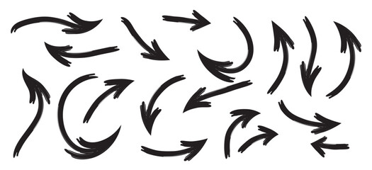 Set of black hand drawn grunge doodle spiral and curved charcoal, chalk arrows on white background. Scribble symbols of direction pointers, swirl arrow elements for infographic design in eps 10.