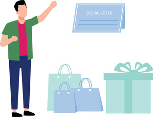 Boy is showing special offer for shopping.