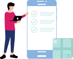 The boy is showing the online packages delivery.